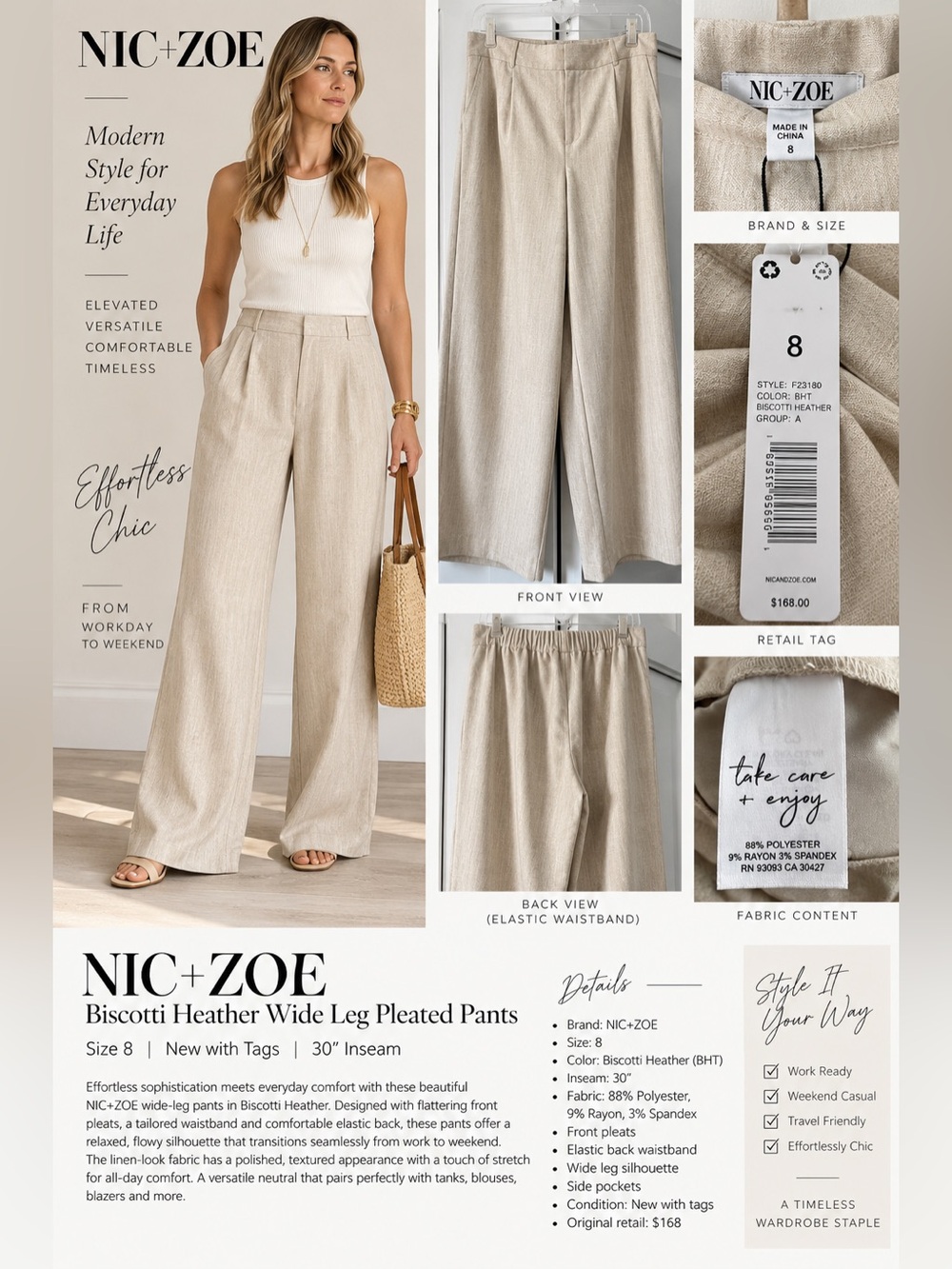 NWT NIC+ZOE Biscotti Heather Wide Leg Pleated Pants Size 8 $168